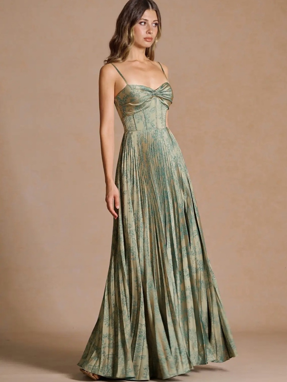 Azazie Green And Gold Printed Pleated Maxi Dress. Black Tie/Formal